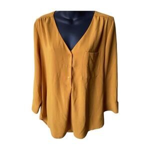 Fred David Women’s Mustard Yellow Long Sleeve Blouse V-Neck, High-Low Hem Size L